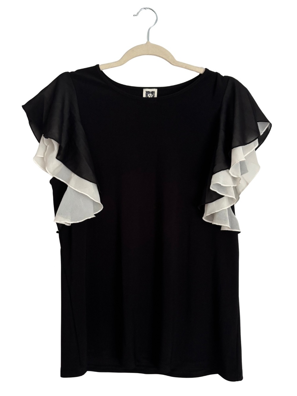 Anne Klein Black Top with White Layered Flutter Sleeves